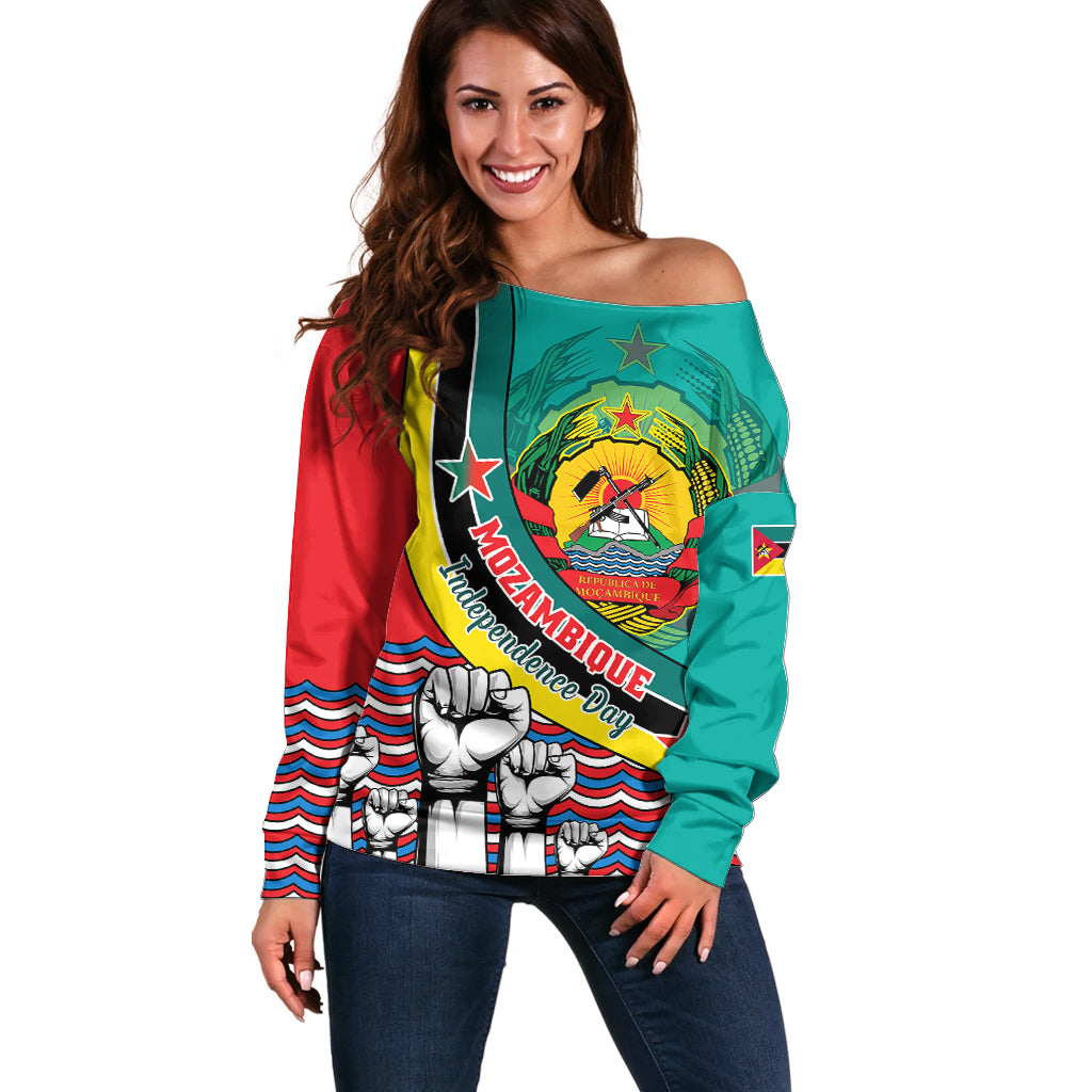 Personalised Mozambique Independence Day Off Shoulder Sweater Mozambiki Emblem Happy 48th Anniversary - Wonder Print Shop