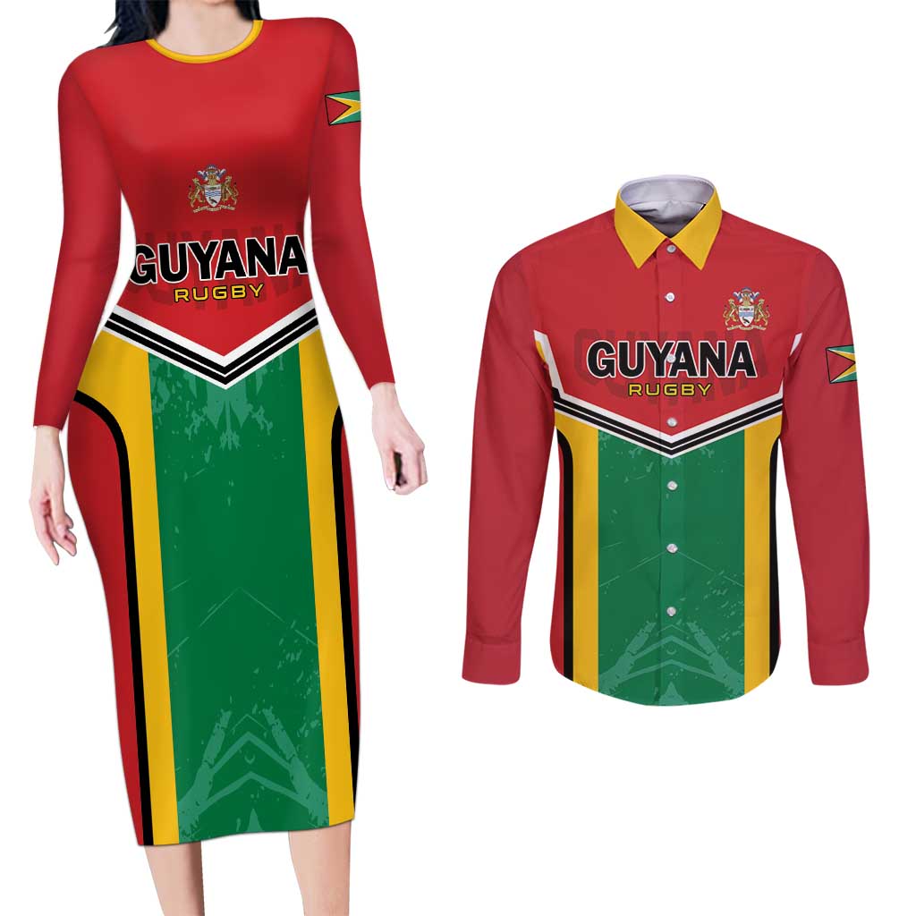 Custom Rugby Guyana Couples Matching Long Sleeve Bodycon Dress and Long Sleeve Button Shirt Guyana Warriors Go Champions - Wonder Print Shop