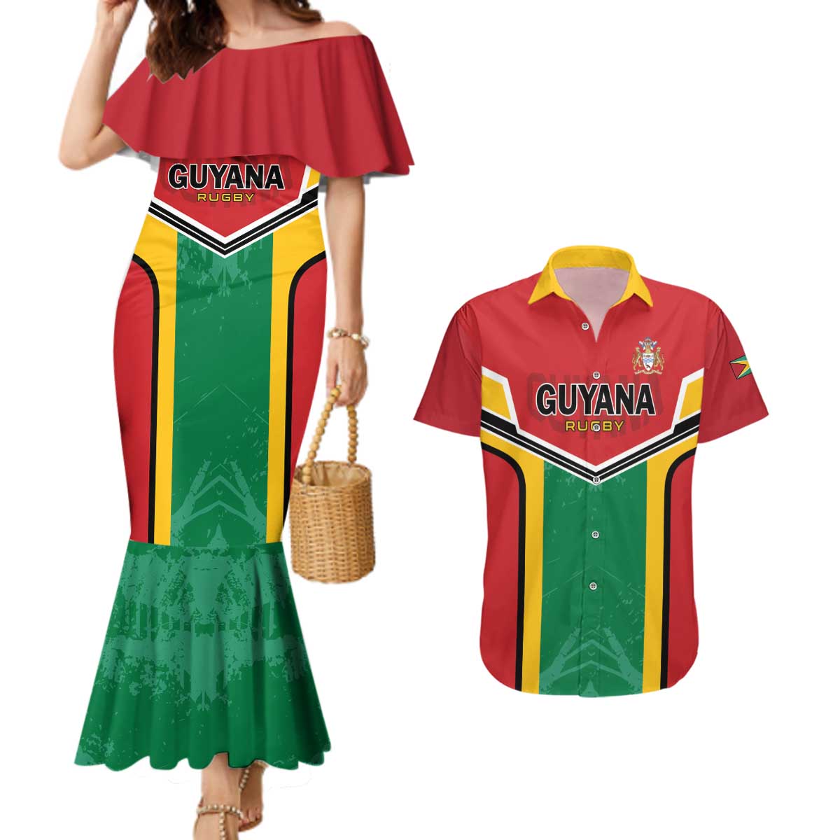 Custom Rugby Guyana Couples Matching Mermaid Dress and Hawaiian Shirt Guyana Warriors Go Champions - Wonder Print Shop