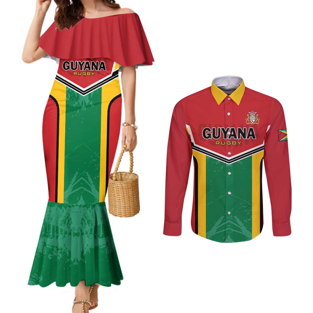 Custom Rugby Guyana Couples Matching Mermaid Dress and Long Sleeve Button Shirt Guyana Warriors Go Champions - Wonder Print Shop