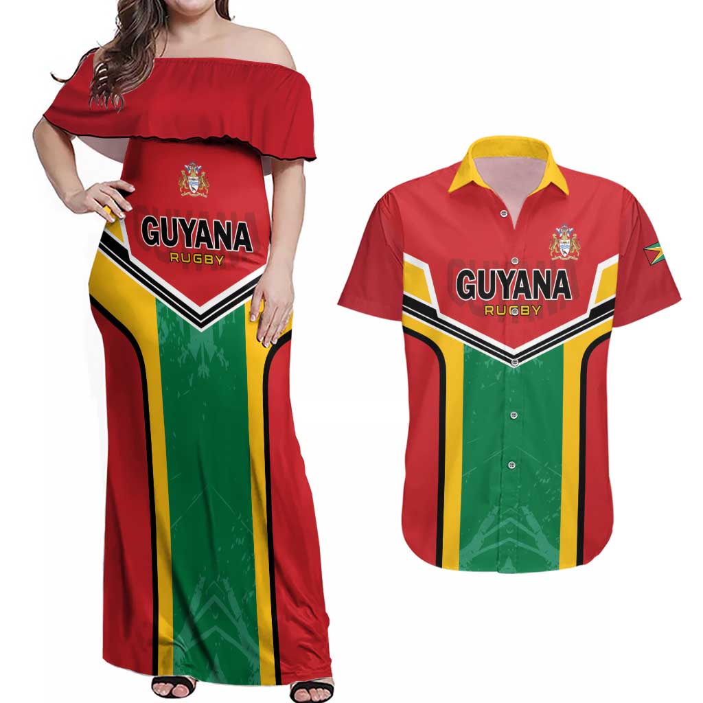 Custom Rugby Guyana Couples Matching Off Shoulder Maxi Dress and Hawaiian Shirt Guyana Warriors Go Champions - Wonder Print Shop