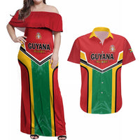 Custom Rugby Guyana Couples Matching Off Shoulder Maxi Dress and Hawaiian Shirt Guyana Warriors Go Champions - Wonder Print Shop