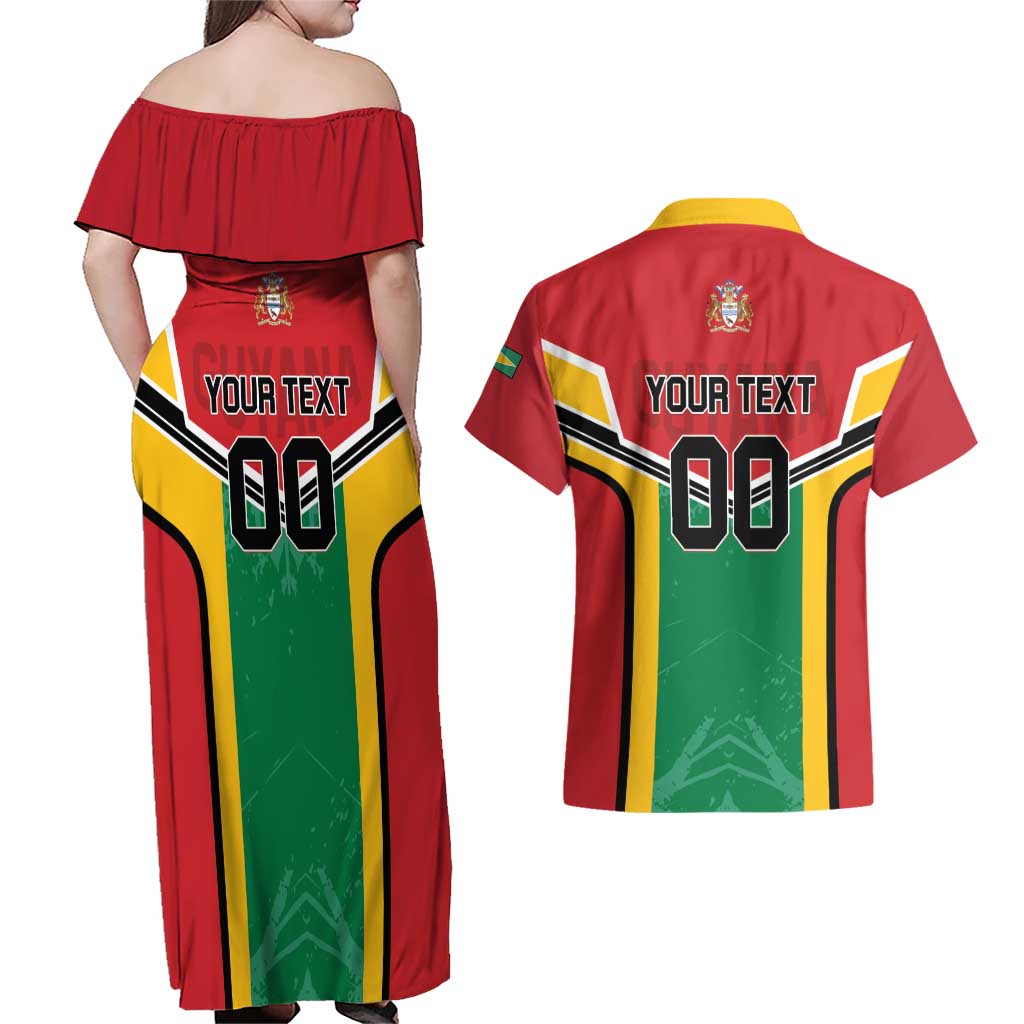 Custom Rugby Guyana Couples Matching Off Shoulder Maxi Dress and Hawaiian Shirt Guyana Warriors Go Champions - Wonder Print Shop