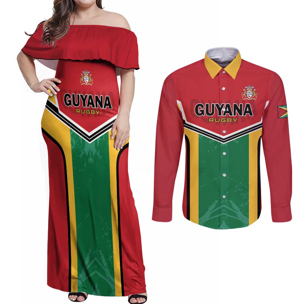 Custom Rugby Guyana Couples Matching Off Shoulder Maxi Dress and Long Sleeve Button Shirt Guyana Warriors Go Champions - Wonder Print Shop