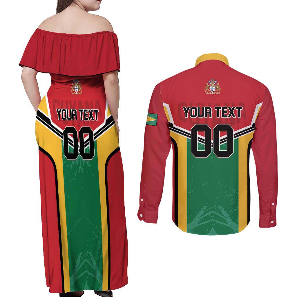Custom Rugby Guyana Couples Matching Off Shoulder Maxi Dress and Long Sleeve Button Shirt Guyana Warriors Go Champions - Wonder Print Shop