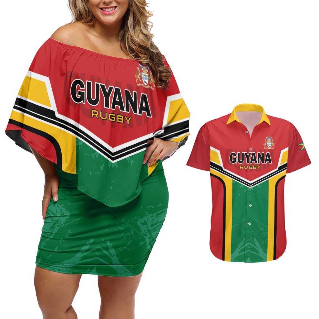 Custom Rugby Guyana Couples Matching Off Shoulder Short Dress and Hawaiian Shirt Guyana Warriors Go Champions - Wonder Print Shop