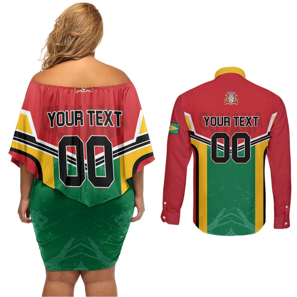 Custom Rugby Guyana Couples Matching Off Shoulder Short Dress and Long Sleeve Button Shirt Guyana Warriors Go Champions - Wonder Print Shop