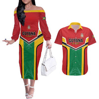 Custom Rugby Guyana Couples Matching Off The Shoulder Long Sleeve Dress and Hawaiian Shirt Guyana Warriors Go Champions - Wonder Print Shop