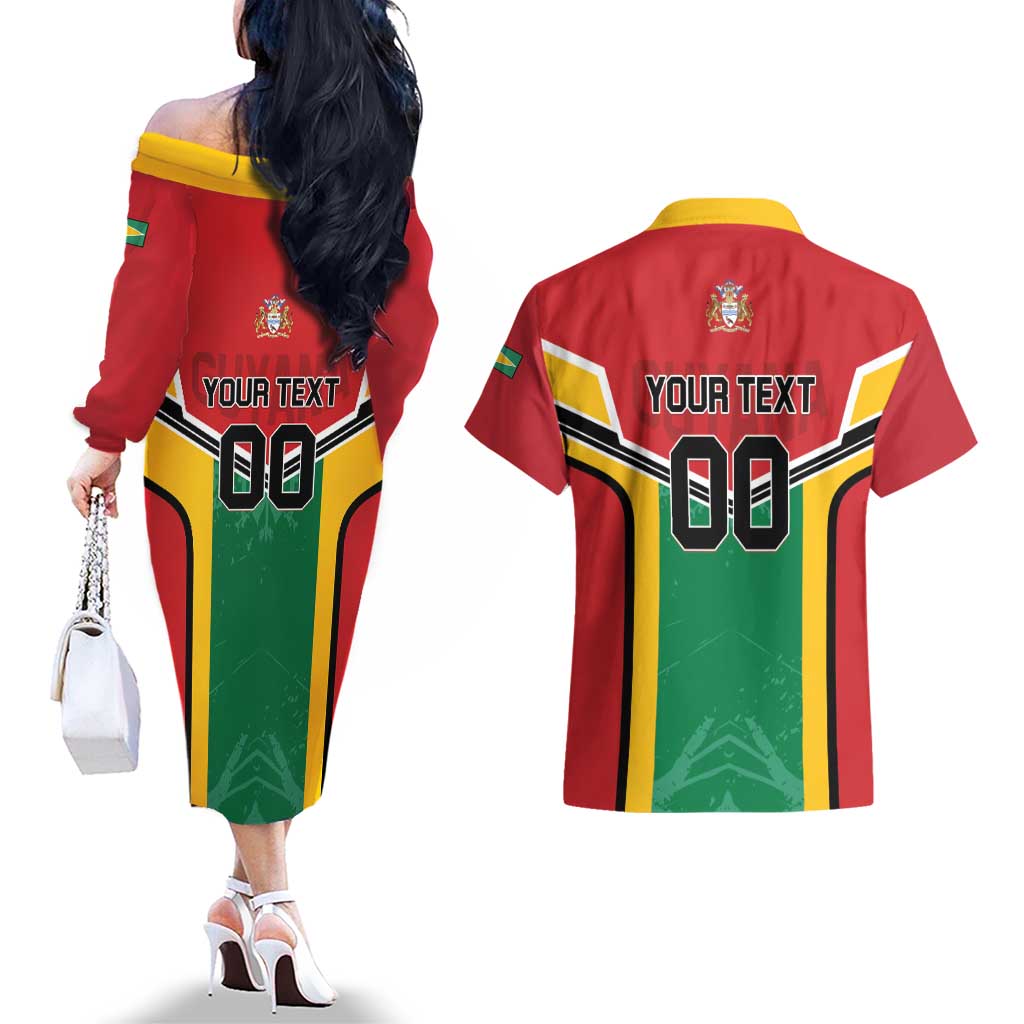 Custom Rugby Guyana Couples Matching Off The Shoulder Long Sleeve Dress and Hawaiian Shirt Guyana Warriors Go Champions - Wonder Print Shop