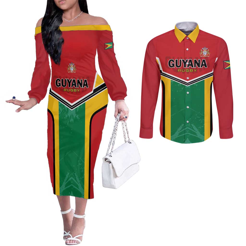 Custom Rugby Guyana Couples Matching Off The Shoulder Long Sleeve Dress and Long Sleeve Button Shirt Guyana Warriors Go Champions - Wonder Print Shop