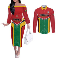 Custom Rugby Guyana Couples Matching Off The Shoulder Long Sleeve Dress and Long Sleeve Button Shirt Guyana Warriors Go Champions - Wonder Print Shop