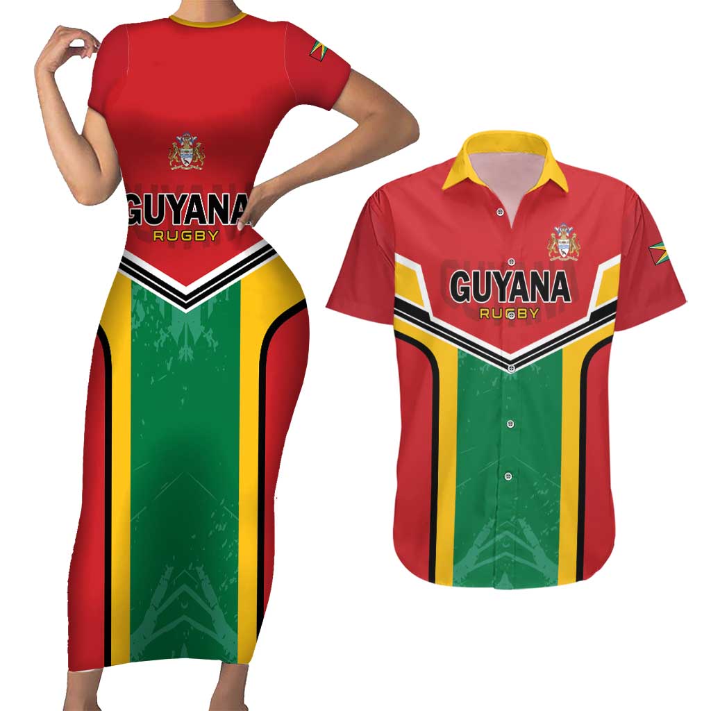 Custom Rugby Guyana Couples Matching Short Sleeve Bodycon Dress and Hawaiian Shirt Guyana Warriors Go Champions - Wonder Print Shop