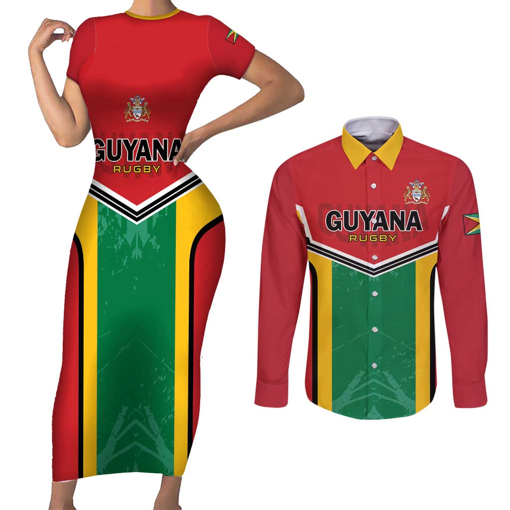 Custom Rugby Guyana Couples Matching Short Sleeve Bodycon Dress and Long Sleeve Button Shirt Guyana Warriors Go Champions - Wonder Print Shop