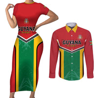 Custom Rugby Guyana Couples Matching Short Sleeve Bodycon Dress and Long Sleeve Button Shirt Guyana Warriors Go Champions - Wonder Print Shop
