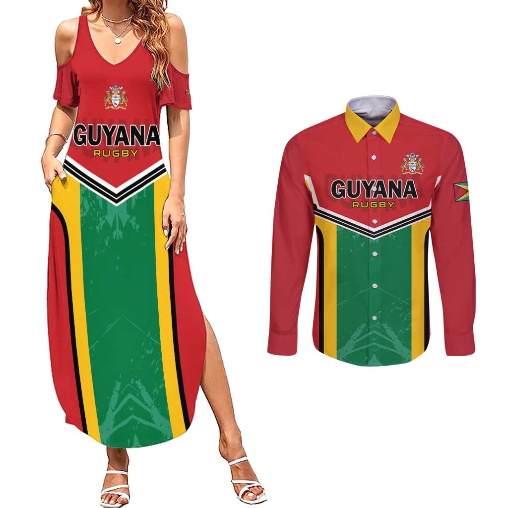 Custom Rugby Guyana Couples Matching Summer Maxi Dress and Long Sleeve Button Shirt Guyana Warriors Go Champions - Wonder Print Shop