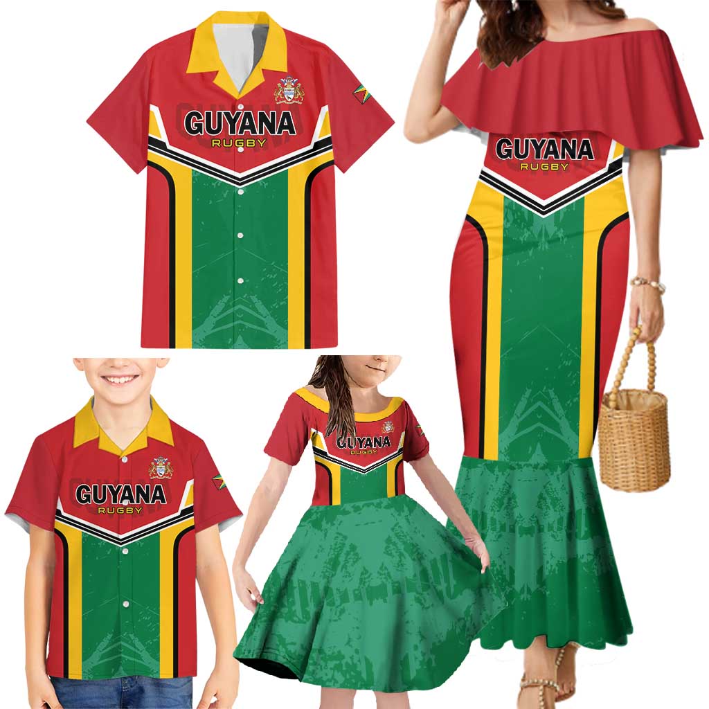 Custom Rugby Guyana Family Matching Mermaid Dress and Hawaiian Shirt Guyana Warriors Go Champions - Wonder Print Shop