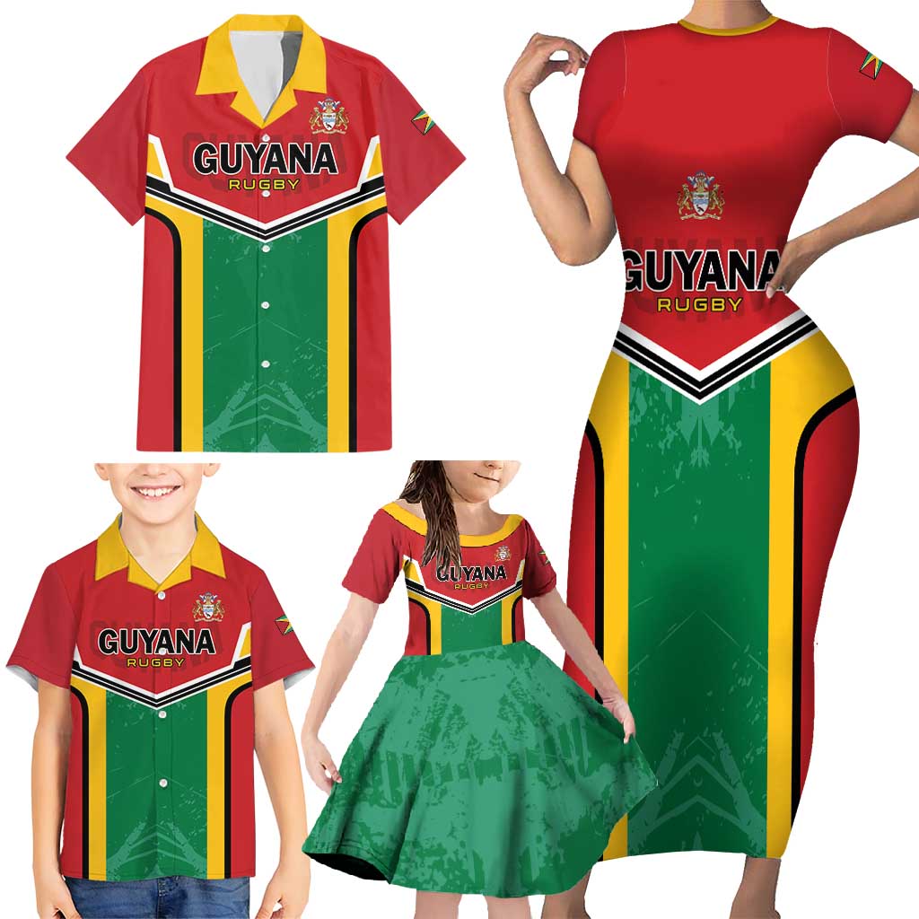 Custom Rugby Guyana Family Matching Short Sleeve Bodycon Dress and Hawaiian Shirt Guyana Warriors Go Champions - Wonder Print Shop