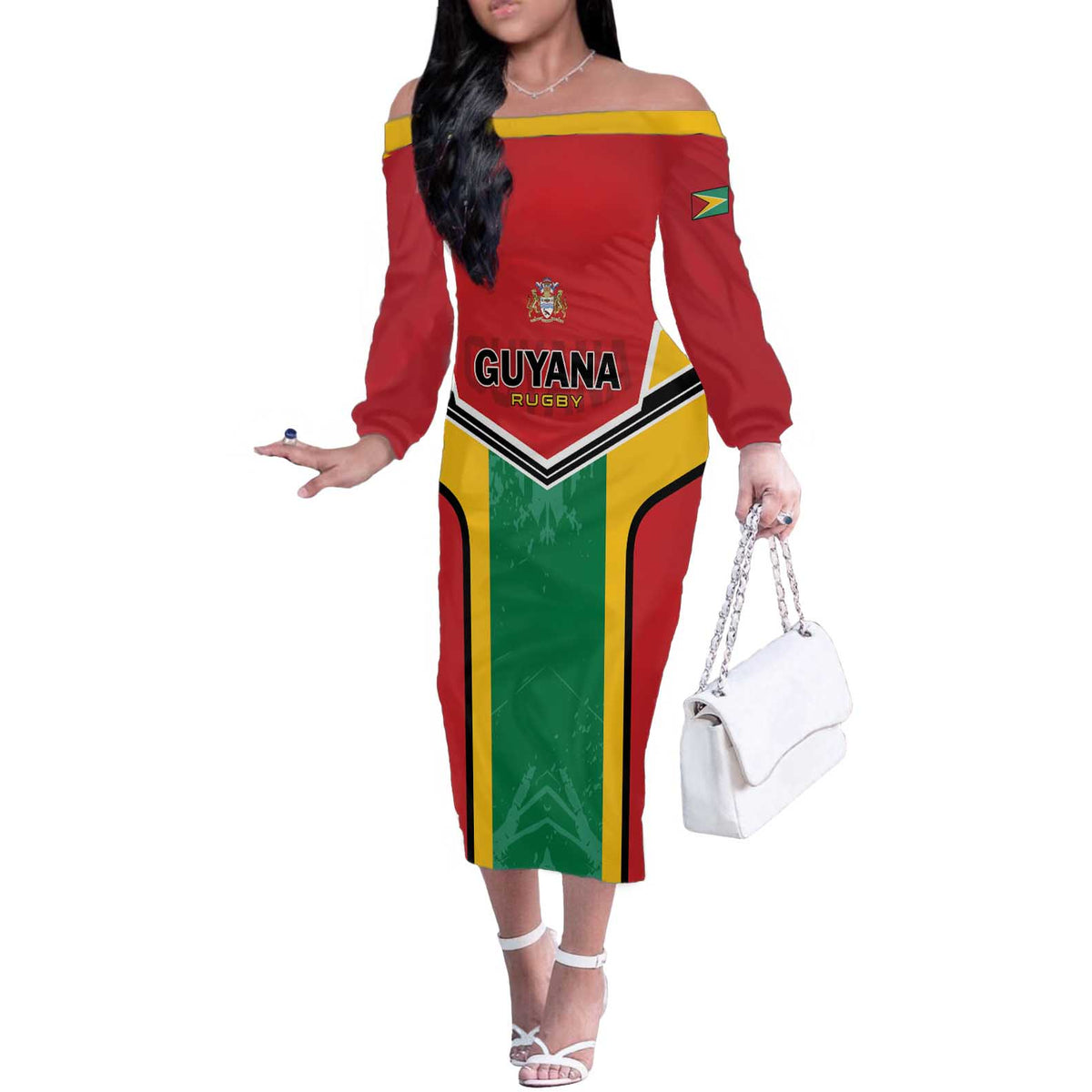 Custom Rugby Guyana Off The Shoulder Long Sleeve Dress Guyana Warriors Go Champions - Wonder Print Shop