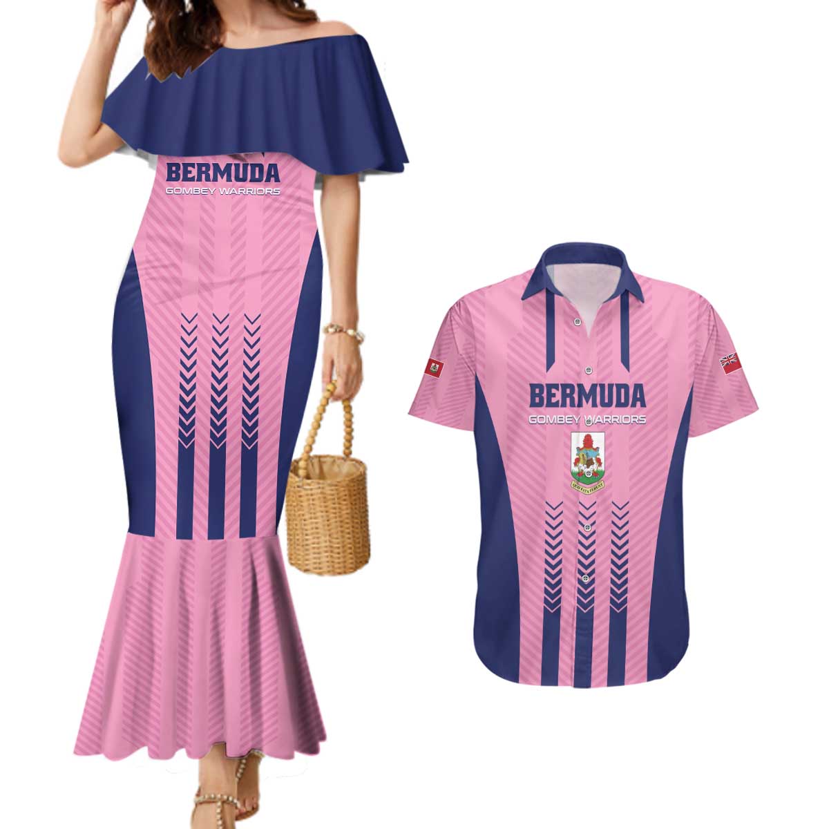Custom Football Bermuda Couples Matching Mermaid Dress and Hawaiian Shirt Gombey Warriors Go Champions - Wonder Print Shop