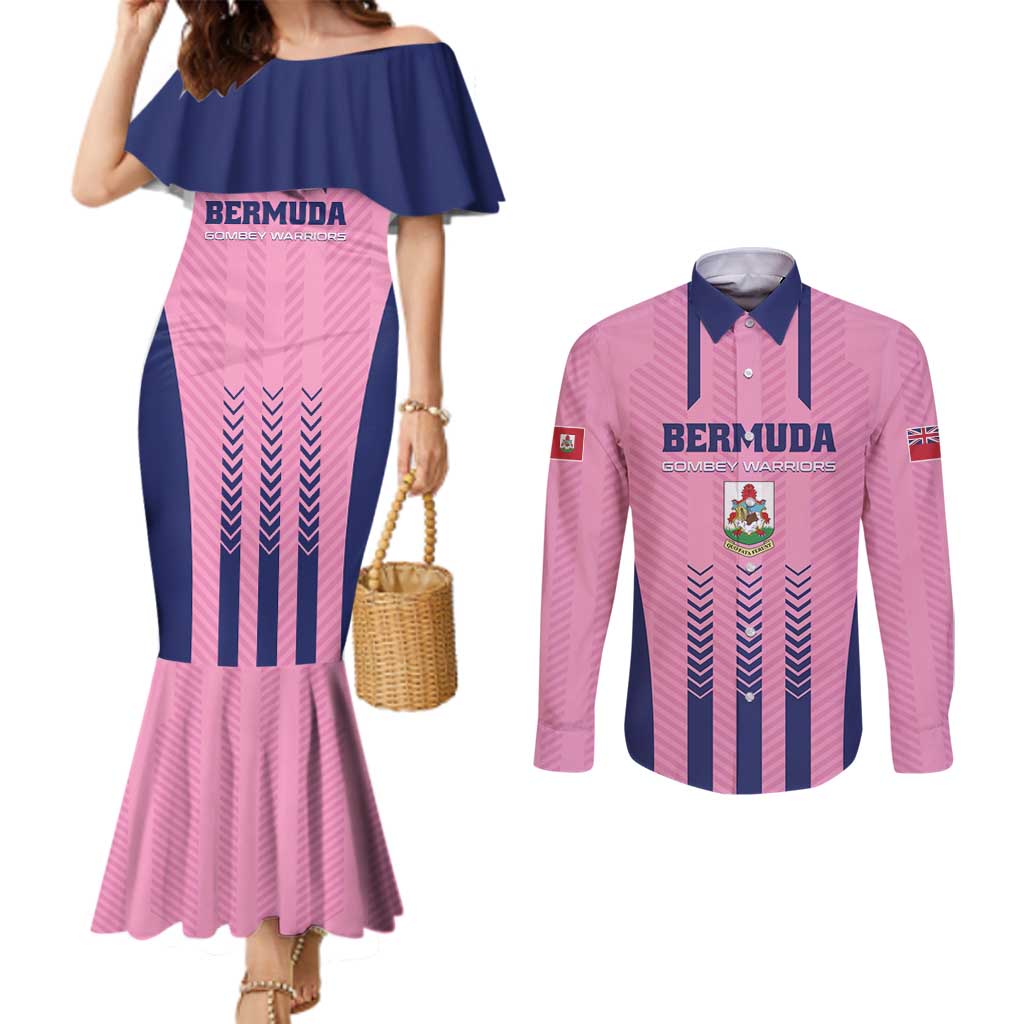 Custom Football Bermuda Couples Matching Mermaid Dress and Long Sleeve Button Shirt Gombey Warriors Go Champions - Wonder Print Shop
