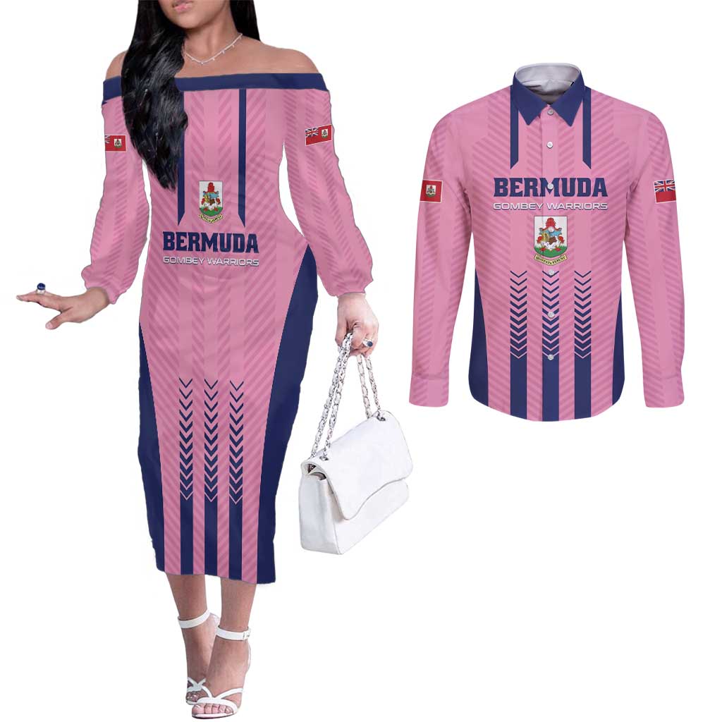Custom Football Bermuda Couples Matching Off The Shoulder Long Sleeve Dress and Long Sleeve Button Shirt Gombey Warriors Go Champions - Wonder Print Shop