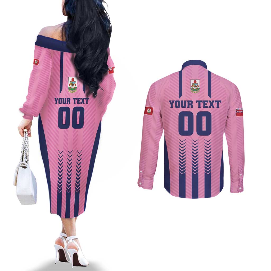 Custom Football Bermuda Couples Matching Off The Shoulder Long Sleeve Dress and Long Sleeve Button Shirt Gombey Warriors Go Champions - Wonder Print Shop