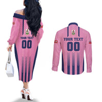 Custom Football Bermuda Couples Matching Off The Shoulder Long Sleeve Dress and Long Sleeve Button Shirt Gombey Warriors Go Champions - Wonder Print Shop