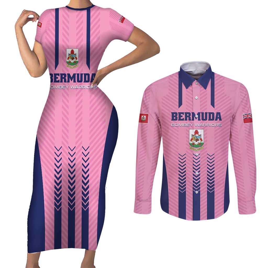 Custom Football Bermuda Couples Matching Short Sleeve Bodycon Dress and Long Sleeve Button Shirt Gombey Warriors Go Champions - Wonder Print Shop