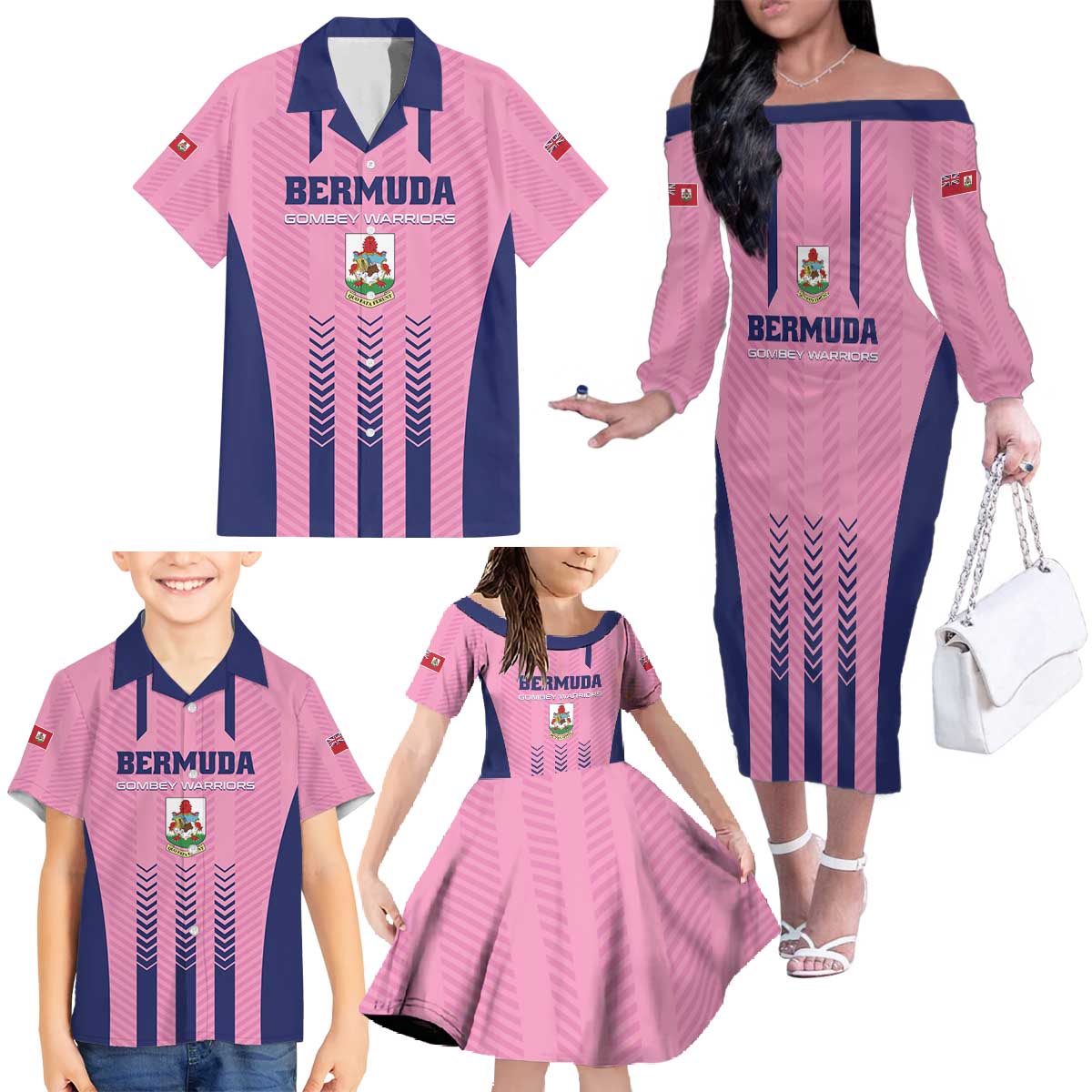 Custom Football Bermuda Family Matching Off The Shoulder Long Sleeve Dress and Hawaiian Shirt Gombey Warriors Go Champions - Wonder Print Shop