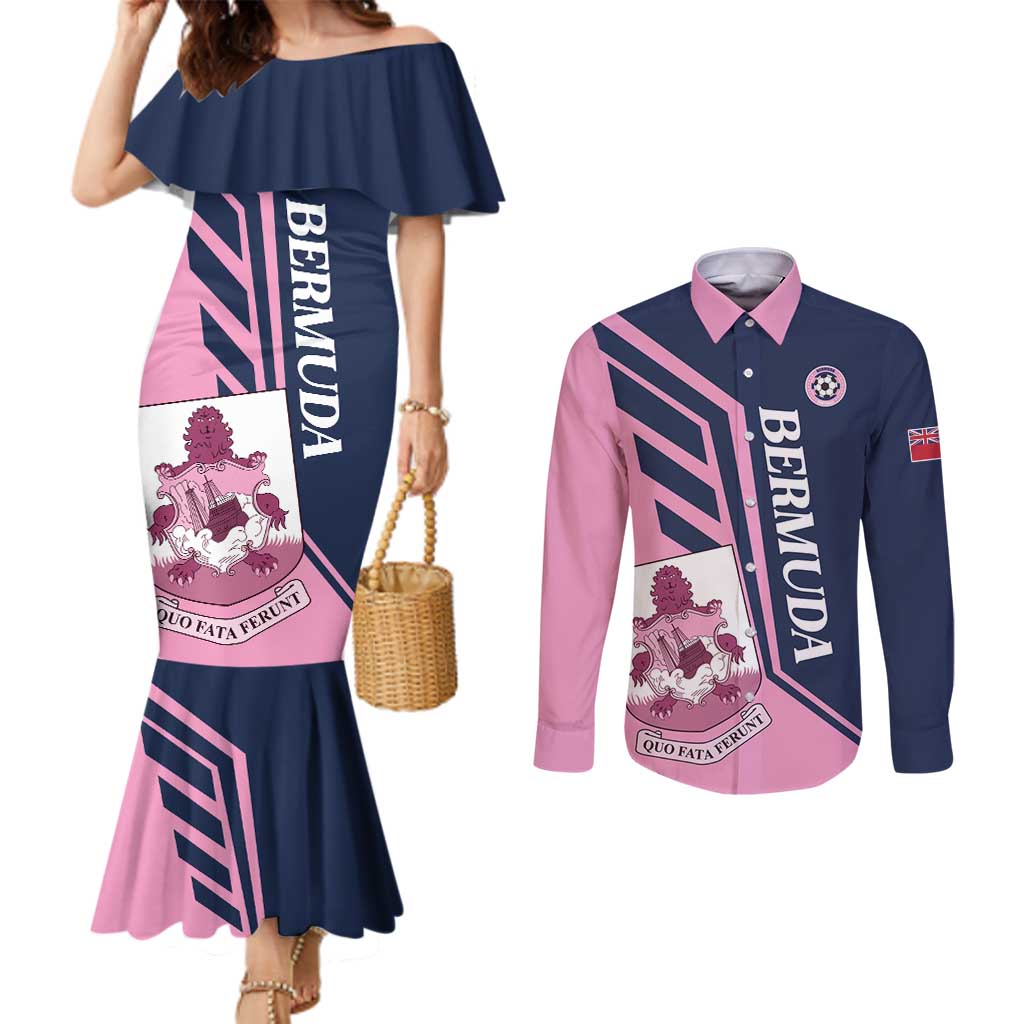 Custom Bermuda Football Couples Matching Mermaid Dress and Long Sleeve Button Shirt Come On Gombey Warriors - Wonder Print Shop