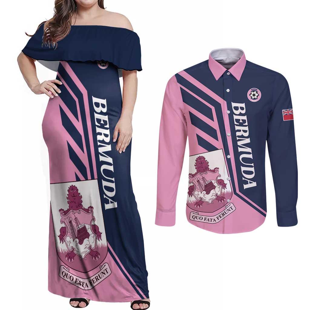 Custom Bermuda Football Couples Matching Off Shoulder Maxi Dress and Long Sleeve Button Shirt Come On Gombey Warriors - Wonder Print Shop