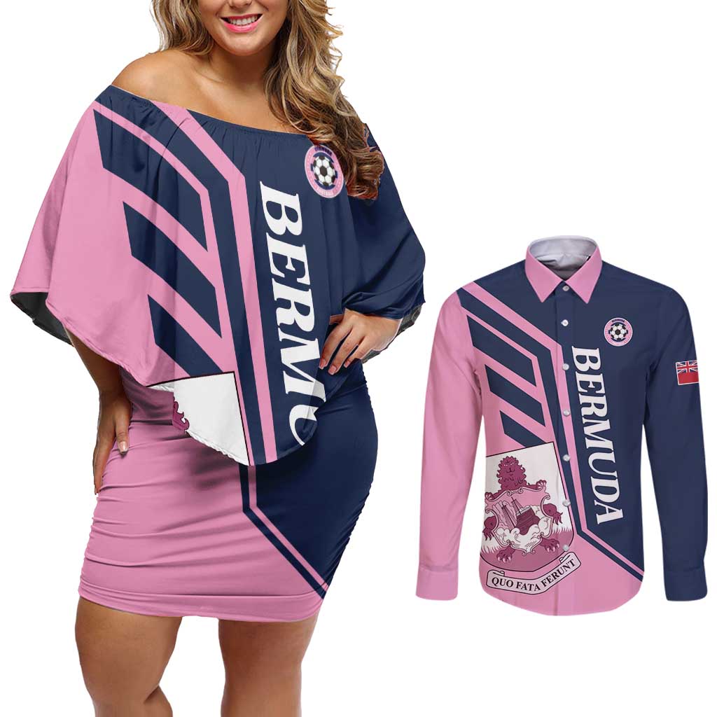 Custom Bermuda Football Couples Matching Off Shoulder Short Dress and Long Sleeve Button Shirt Come On Gombey Warriors - Wonder Print Shop