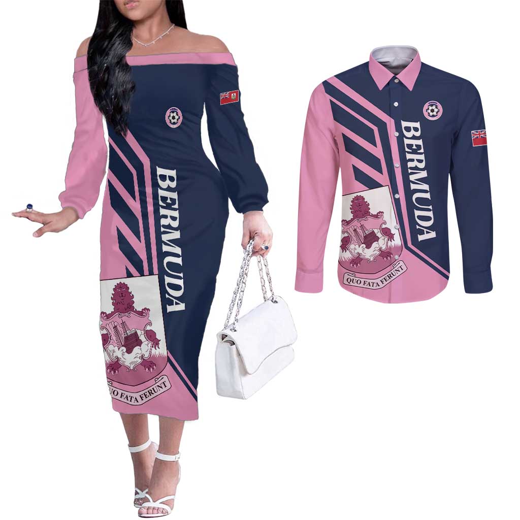 Custom Bermuda Football Couples Matching Off The Shoulder Long Sleeve Dress and Long Sleeve Button Shirt Come On Gombey Warriors - Wonder Print Shop