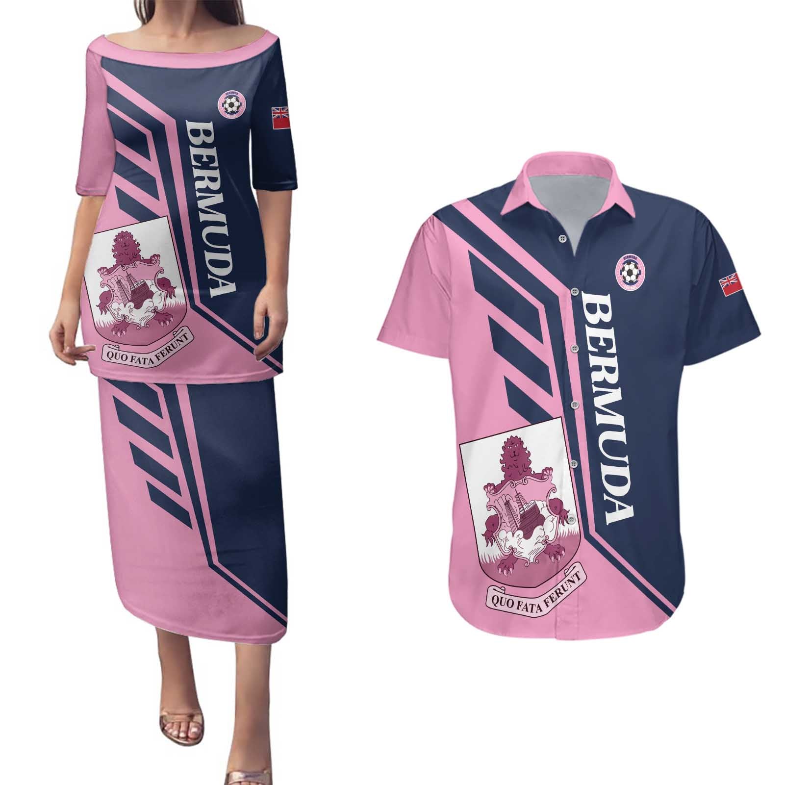 Custom Bermuda Football Couples Matching Puletasi and Hawaiian Shirt Come On Gombey Warriors - Wonder Print Shop