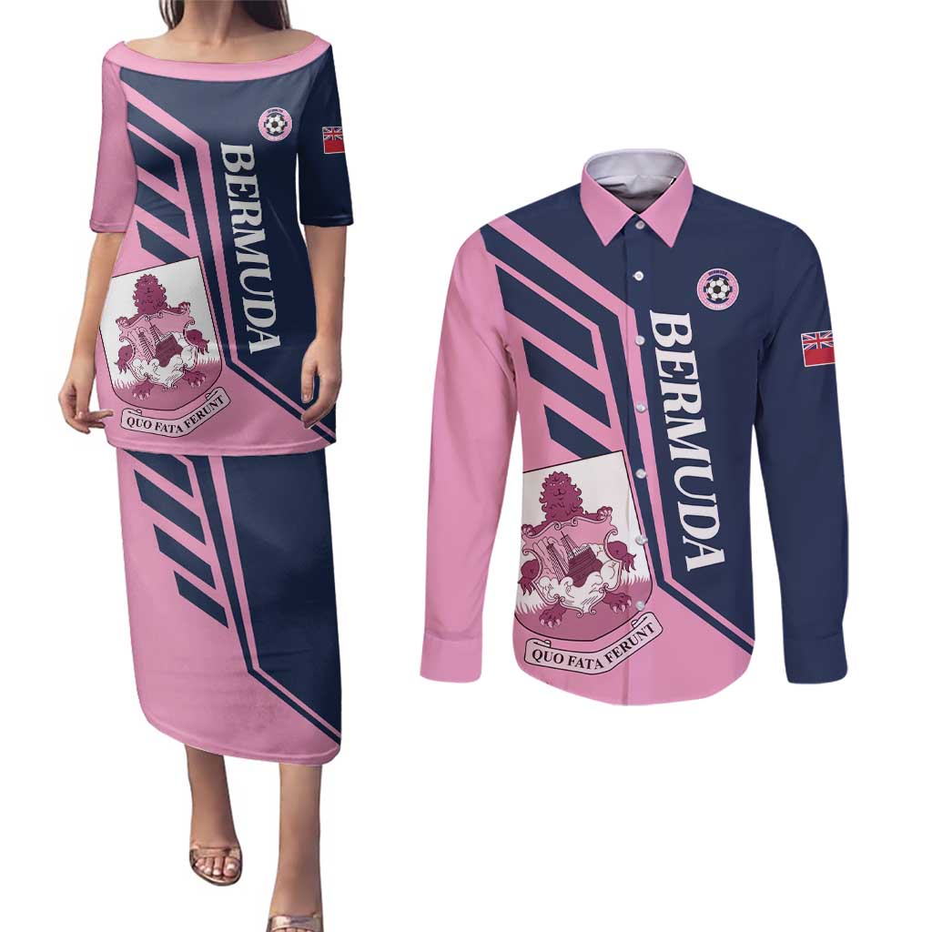 Custom Bermuda Football Couples Matching Puletasi and Long Sleeve Button Shirt Come On Gombey Warriors - Wonder Print Shop