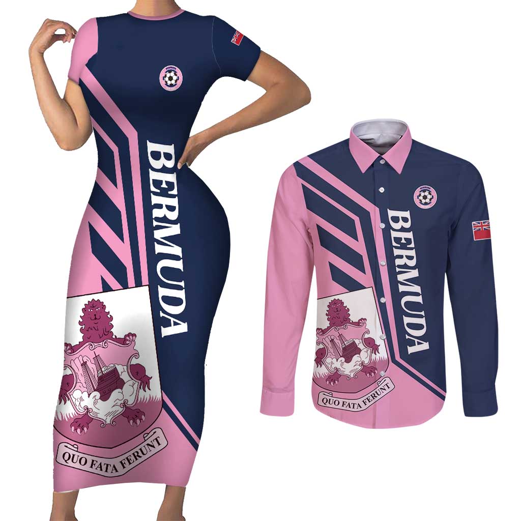 Custom Bermuda Football Couples Matching Short Sleeve Bodycon Dress and Long Sleeve Button Shirt Come On Gombey Warriors - Wonder Print Shop