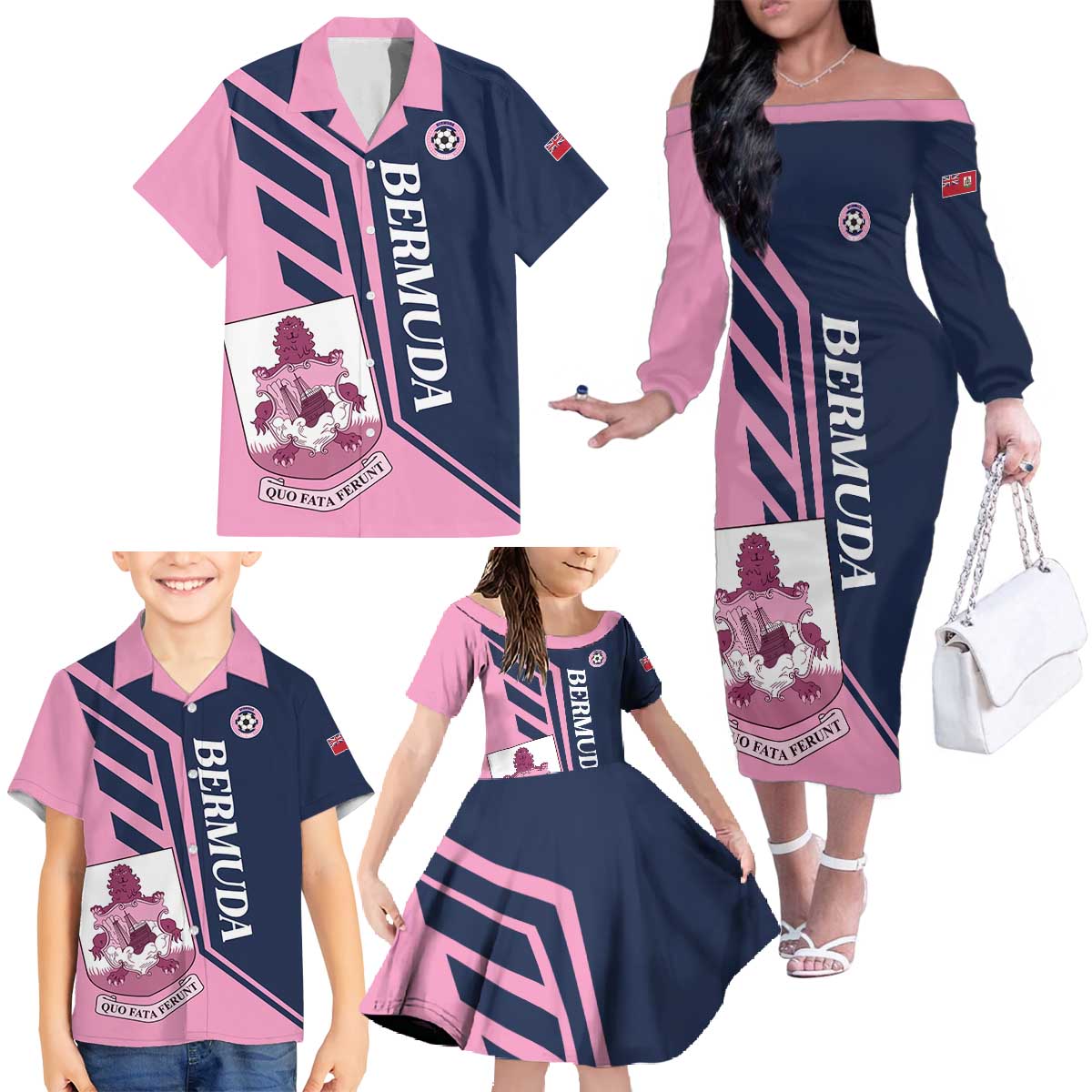 Custom Bermuda Football Family Matching Off The Shoulder Long Sleeve Dress and Hawaiian Shirt Come On Gombey Warriors - Wonder Print Shop