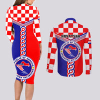 Croatia Couples Matching Long Sleeve Bodycon Dress and Long Sleeve Button Shirts Hrvatska Interlace With Coat Of Arms - Wonder Print Shop