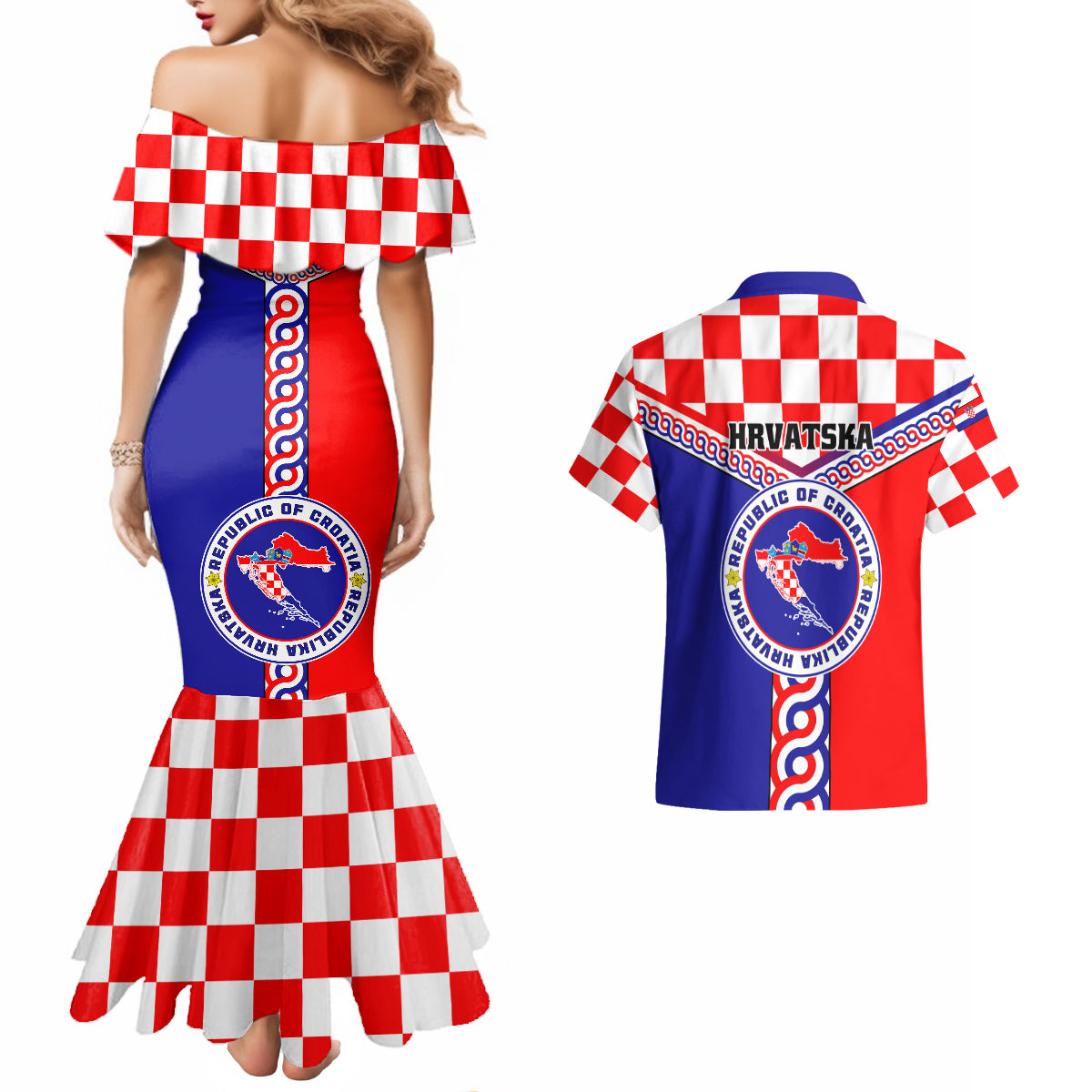 Croatia Couples Matching Mermaid Dress And Hawaiian Shirt Hrvatska Interlace With Coat Of Arms - Wonder Print Shop