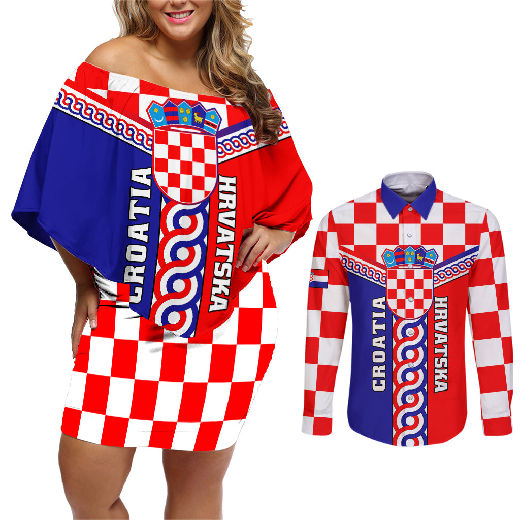 Croatia Couples Matching Off Shoulder Short Dress and Long Sleeve Button Shirts Hrvatska Interlace With Coat Of Arms - Wonder Print Shop
