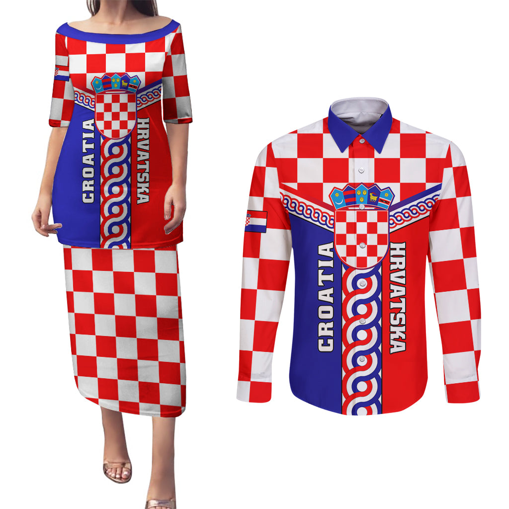 Croatia Couples Matching Puletasi Dress and Long Sleeve Button Shirts Hrvatska Interlace With Coat Of Arms - Wonder Print Shop