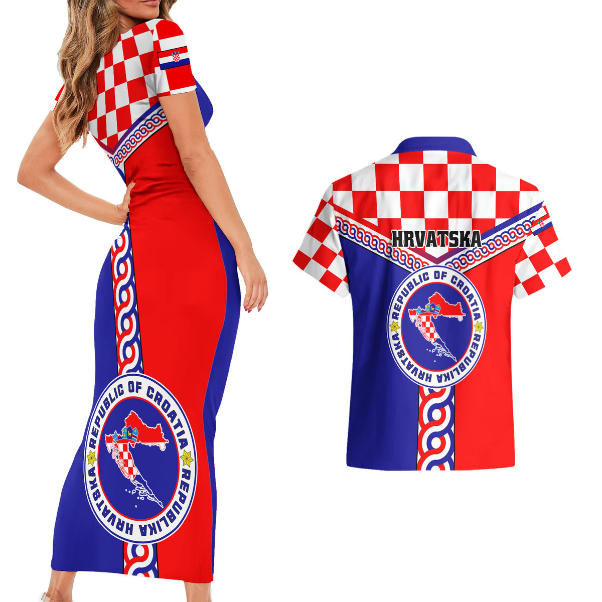 Croatia Couples Matching Short Sleeve Bodycon Dress and Hawaiian Shirt Hrvatska Interlace With Coat Of Arms - Wonder Print Shop