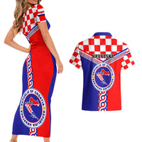 Croatia Couples Matching Short Sleeve Bodycon Dress and Hawaiian Shirt Hrvatska Interlace With Coat Of Arms - Wonder Print Shop