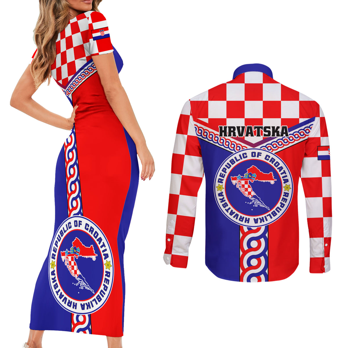 Croatia Couples Matching Short Sleeve Bodycon Dress and Long Sleeve Button Shirts Hrvatska Interlace With Coat Of Arms - Wonder Print Shop