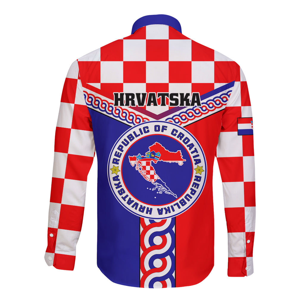 Croatia Long Sleeve Button Shirt Hrvatska Interlace With Coat Of Arms - Wonder Print Shop