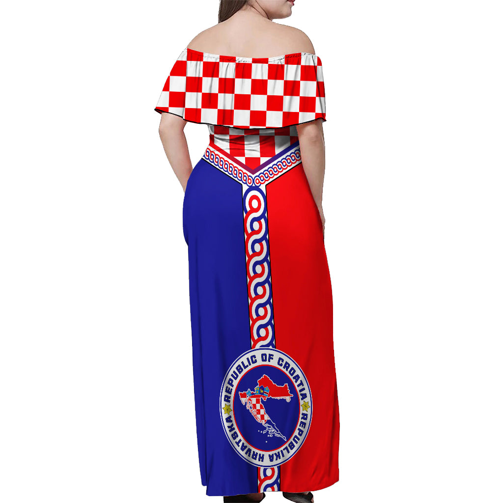 Croatia Off Shoulder Maxi Dress Hrvatska Interlace With Coat Of Arms - Wonder Print Shop