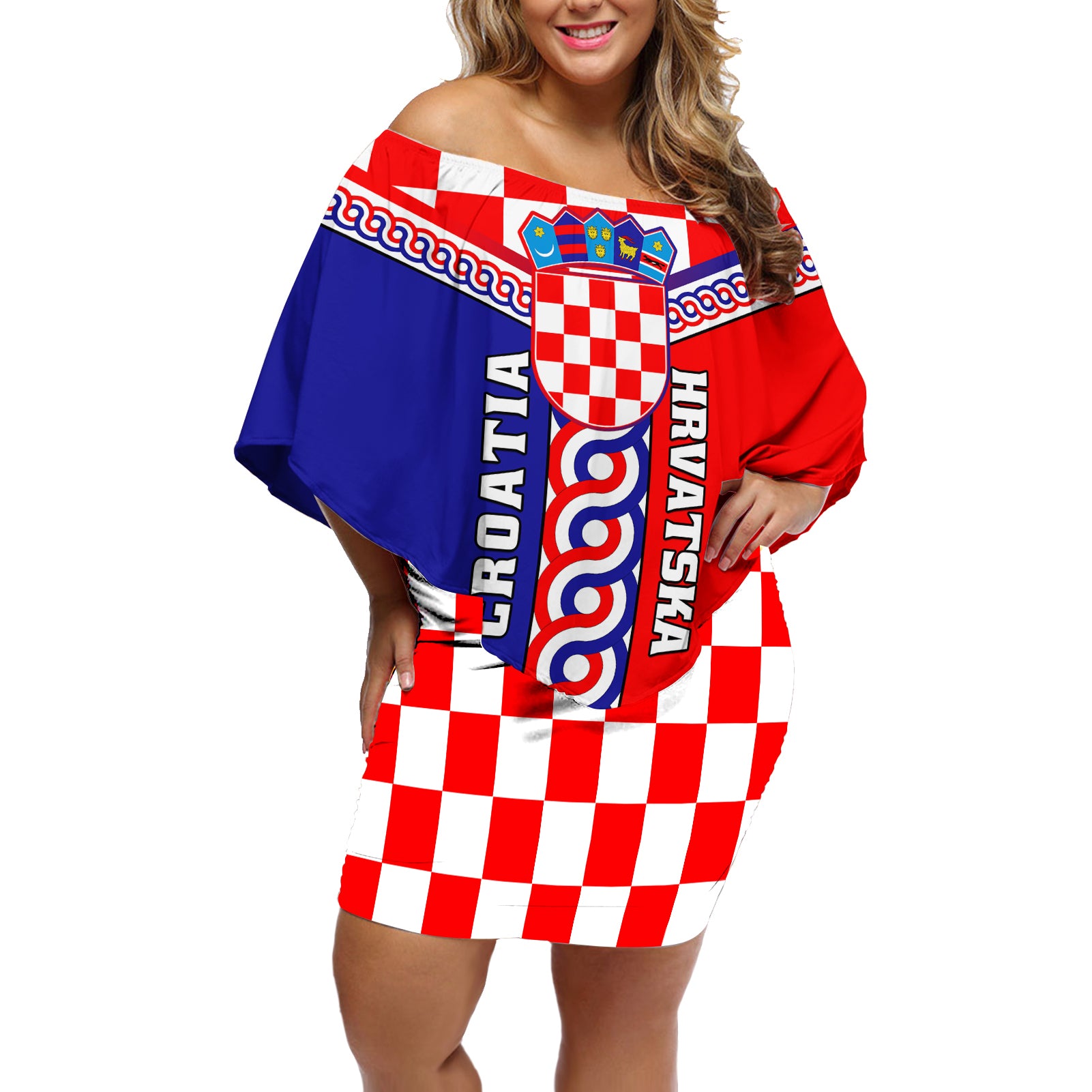 Croatia Off Shoulder Short Dress Hrvatska Interlace With Coat Of Arms - Wonder Print Shop