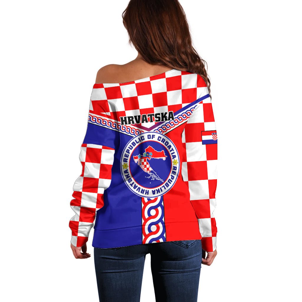 Croatia Off Shoulder Sweater Hrvatska Interlace With Coat Of Arms - Wonder Print Shop