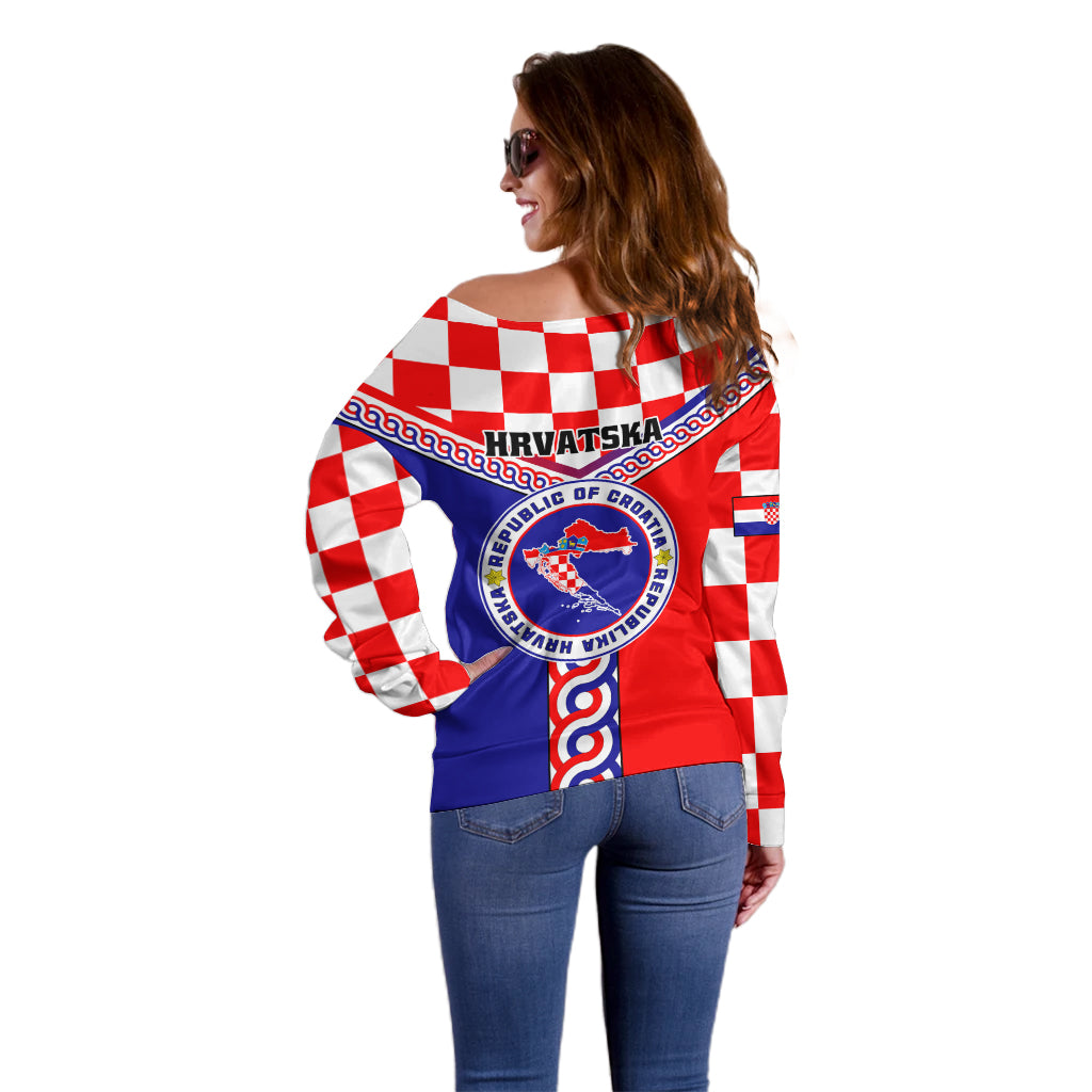 Croatia Off Shoulder Sweater Hrvatska Interlace With Coat Of Arms - Wonder Print Shop