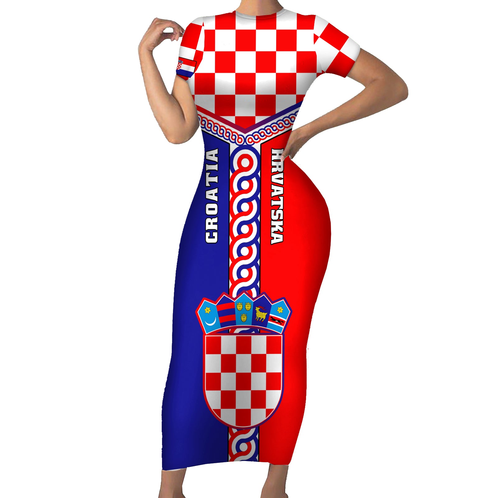 croatia-short-sleeve-bodycon-dress-hrvatska-interlace-with-coat-of-arms